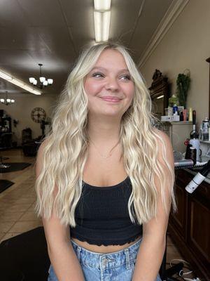 Bright blonde highlights with 2 rows of extensions done by Alissa Madrid