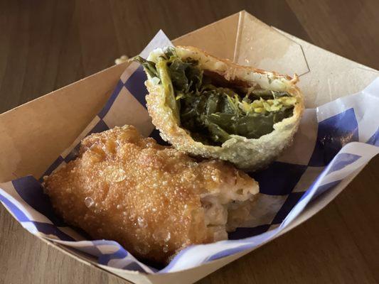 Collard Green Egg Roll and Cheeze Mac and Shrimp roll