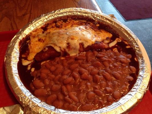 Cheese enchiladas with beans, lots of beans!