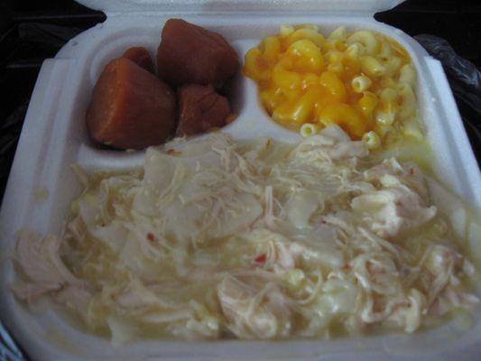 yams; mac n cheese and chicken pastry (chicken & noodles)