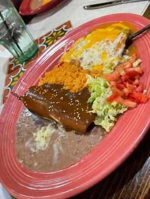 Pick 2 combo: delicious chicken enchilada with mole sauce and perfectly cooked chili relleno.