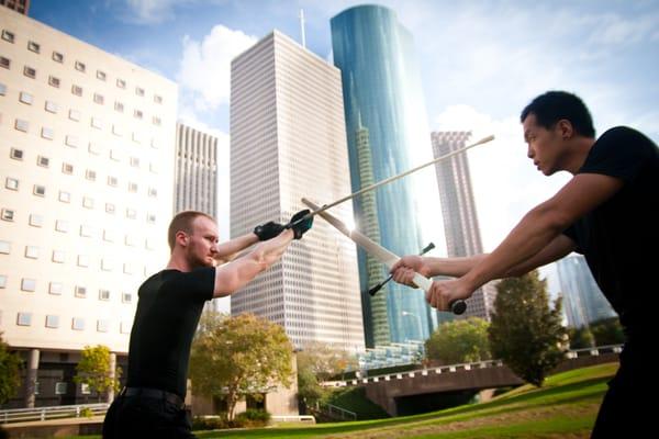 Scenic downtown Houston. With swords.