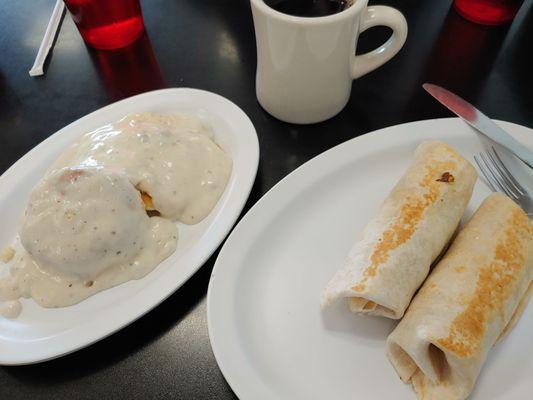 Breakfast burritos and biscuit with gravy