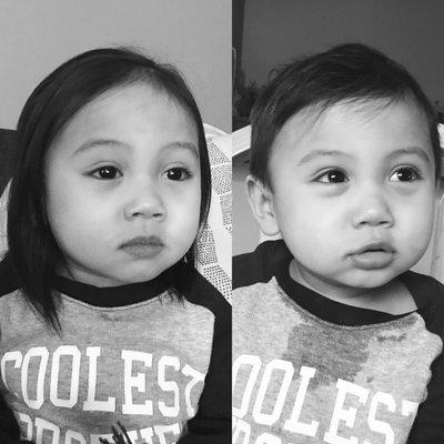 Before and after photo of my baby boy's first hair cut. Thank you Auda .