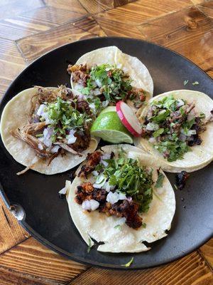 Asada, chorizo & carnitas pastor tacos