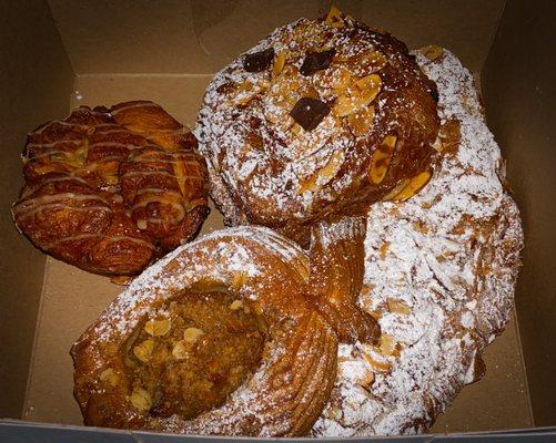 Almond Croissant=Personal Fave Chocolate Almond Croissant=Awesome  Apple Pie Croissant=The best Ive had!  Maple Pull Apart=Good!