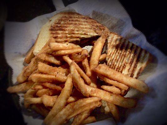 A-1 STEAK & MUSHROOM PANINI: Thinly sliced ribeye brimming with grilled mushrooms, pepperjack cheese and A-1 sauce on sourdough bread.