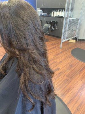 Long layered haircut and blowstyle