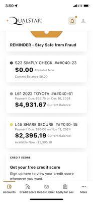 Qualstar credit union vehicle loan amount due.