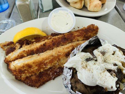 Pan seared perch with baked potato