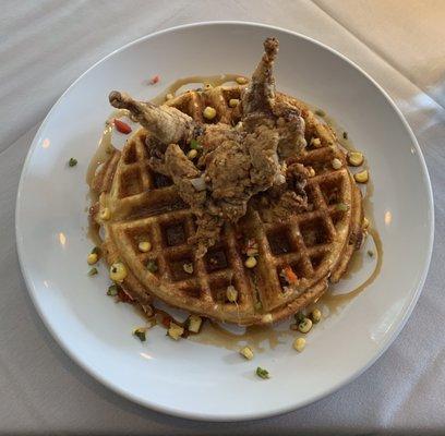 Quail & Waffle GF Buttermilk Waffle | Pickled Corn Relish | Rye Syrup