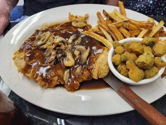 Chicken fried steak and mushroom gravy. Very tender!