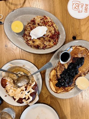 Sticky Glazed Cinnamon Bread, Pastrami Hash, Lemon Ricotta Pancakes