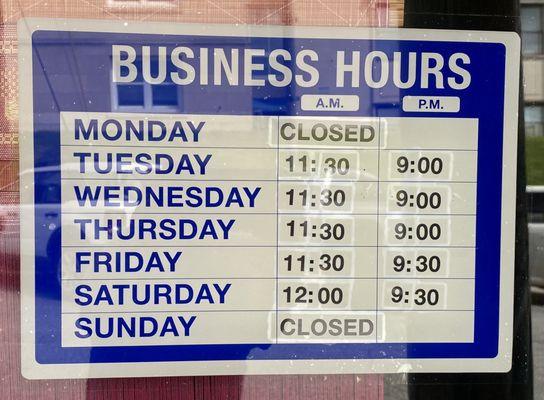 Updated hours of business.