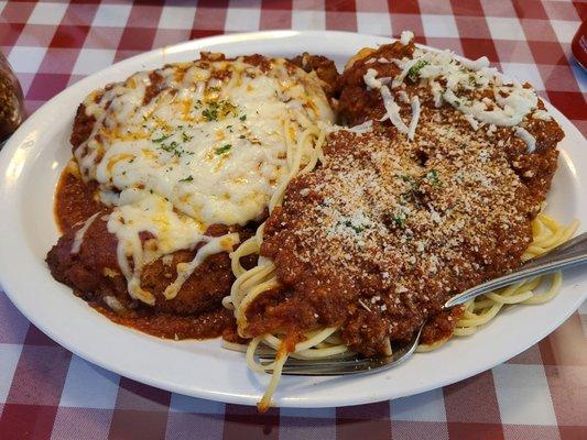 Chicken parmesan dinner with spaghetti and fried mozzarella Friday special.