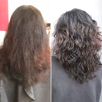 Frizzy and dry? 
-We went for some soft layers and wet dry with some of the Paul Mitchell curl product.