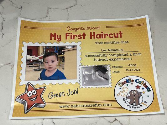 The cutest certificate you get for the "First haircut" package which is $37