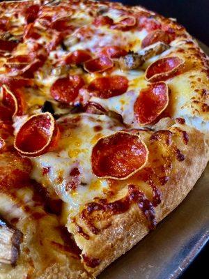 Pepperoni and mushroom pizza.