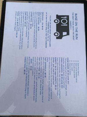 Bunz on The Run Food Truck menu. They are here this Spring & Summer at the Brewery.