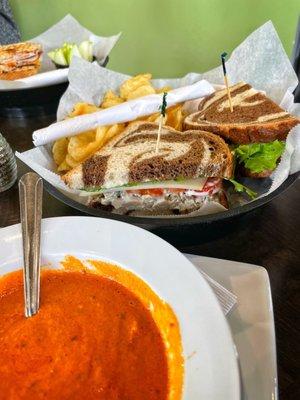 Roasted red pepper and smoked gouda soup + dilled chicken sandwich with kettle chips.