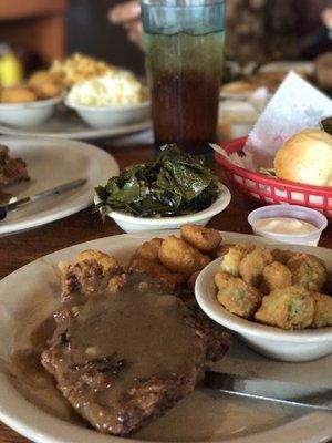 country fried steak, collard greens, corn fritters, and fried okra