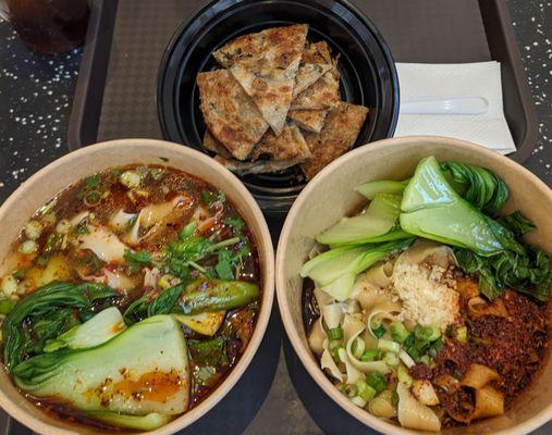 Braised Beef Noodle Soup with thick noodles, Dry Spicy Noodles with thick noodles, and Scallion Pancakes.