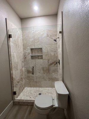 Beautiful shower glass doors for our remodeled guest bathroom.