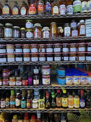 Lots of delicious condiments, sauces and jams