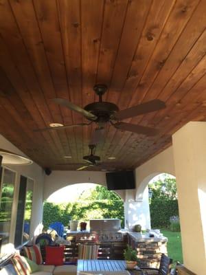 Wiring and installation of 2 outdoor ceiling fans and 2 43" TVs in outdoor patio with a complicated tongue and groove ceiling.