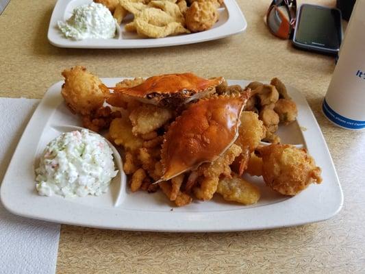 Ultimate Sampler (fish, 2 sides, clam strips, shrimp, crab cakes, hush puppies) $8.49 (had to share, it's a lot of food).