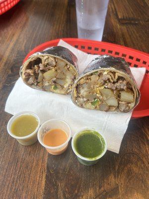 Breakfast burrito with mild green, habanero and spicy green salsas (from left to right)