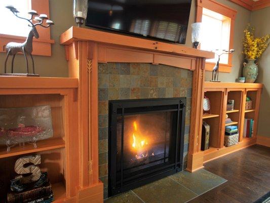 New Fireplace Mantel and bookcases, Mantel and bookcase tops are re-purposed salvaged fir beams.