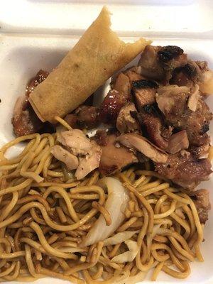 Excuse the bite out of my spring roll, I just couldn't wait! Excellent bourbon chicken, lo mien and spring roll. Combo 2 for $7.39!