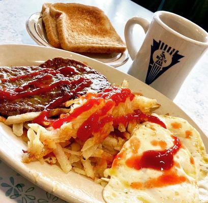 Sausage toast hash browns eggs over easy coffee