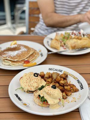 Fried Burrito, Banana Pancakes, and Eggs Benedict Florentine