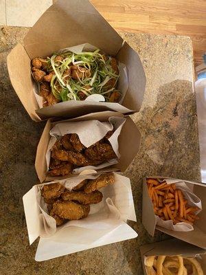 Crispy chicken, sweet potato fries, jalapeño boneless, green onion chicken