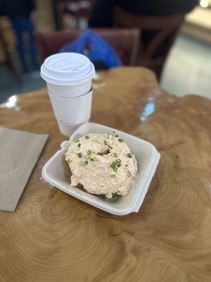 Salmon donut and hot chocolate