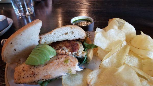 Trout and crab cake sandwiches with light as air housemade potato chips