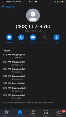 Phone call logs directly to the 10-4 Towing number. All calls after 8:33am were blocked/re-rerouted to the driver's cell.