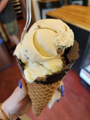 Dipped waffle cone with Irish cream brownie ice cream