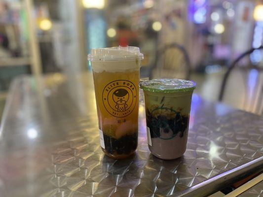 Peach Green Tea W. Cheese Top, Matcha Latte W. taro