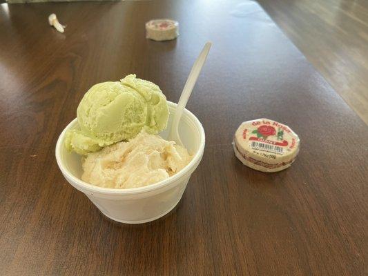 A scoop of Avocado and a scoop of Marsipan