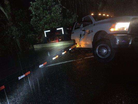 A Dodge Ram 3500 pulling a 45ft goose neck trailer wrecked going down a grade