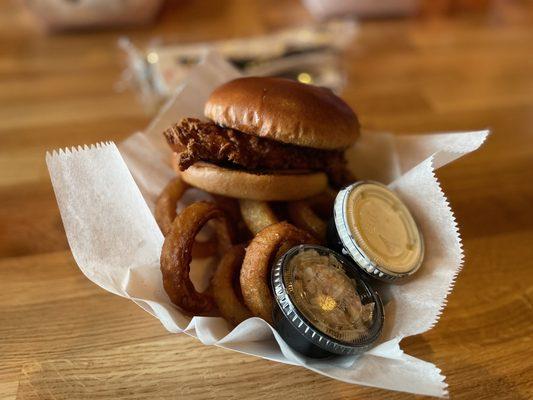 Chicken sandwich and rings