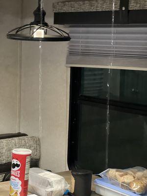 Water pouring from ceiling in rain.