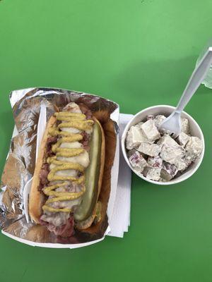 This is the hotdog pastrami on top of it all with sour cream potato salad. Absolutely incredible