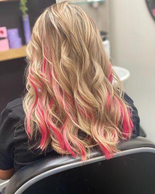 Partial Highlight touch up, trim, style with hot pink hair extensions.