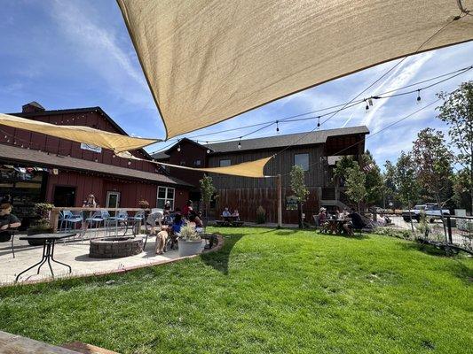 Outdoor seating with shaded areas.