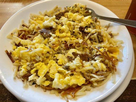 Sausage egg and cheese hash brown bowl