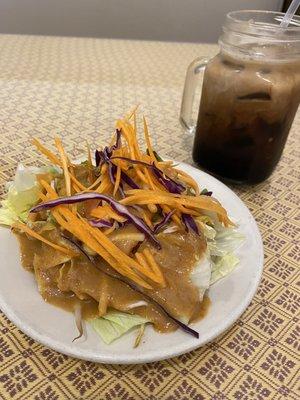 Side mixed salad with peanut dressing (included in lunch special) and Thai iced coffee